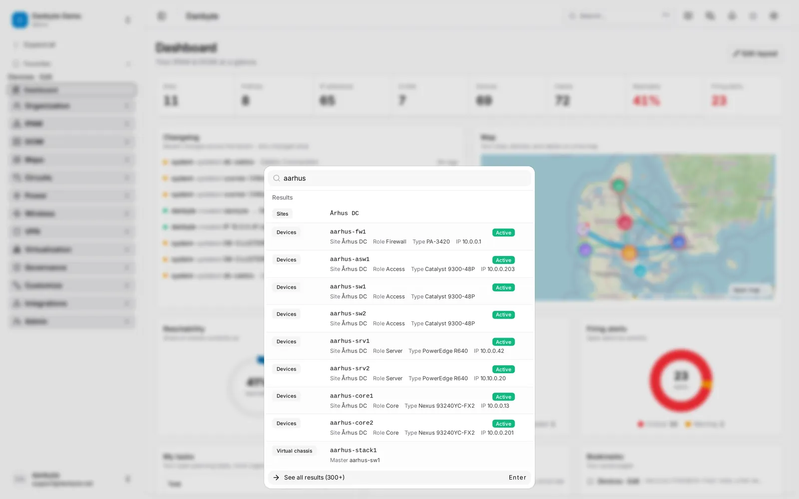 The palette with aarhus typed: Århus DC first, then eight Aarhus devices with site, role, type and IP, then the stack aarhus-stack1. No å was typed.