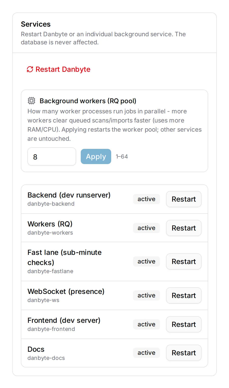 The Services card on Settings, Updates, with Fast lane (sub-minute checks) among the units. Shot on a development host; a production install lists danbyte-web and danbyte-frontend-prod.