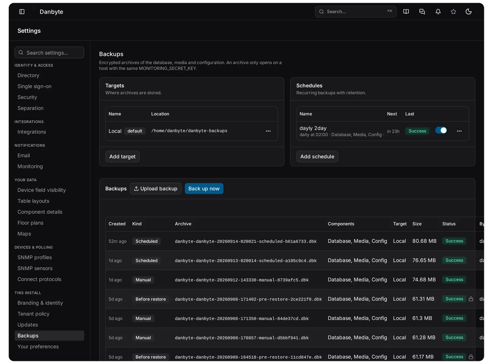 Settings, Backups: the Local target marked default, a daily 02:00 schedule, and the archive table with Scheduled, Manual and protected Before restore rows.