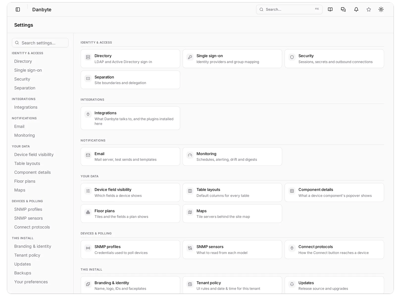The Settings hub, grouped by subject.