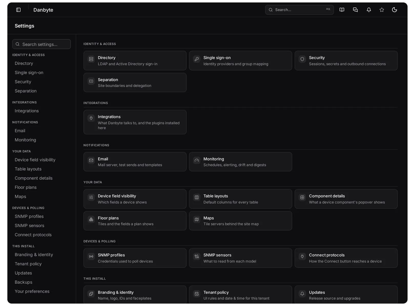 The Settings hub, grouped by subject.