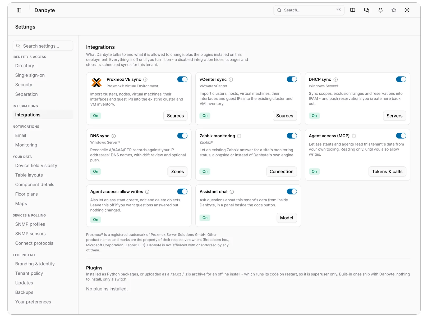 Integrations as toggle cards. Everything was switched on for this lab; every one ships off.
