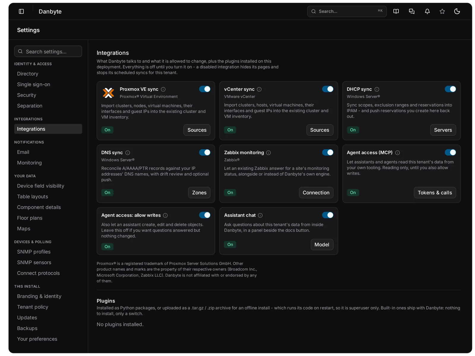Integrations as toggle cards. Everything was switched on for this lab; every one ships off.