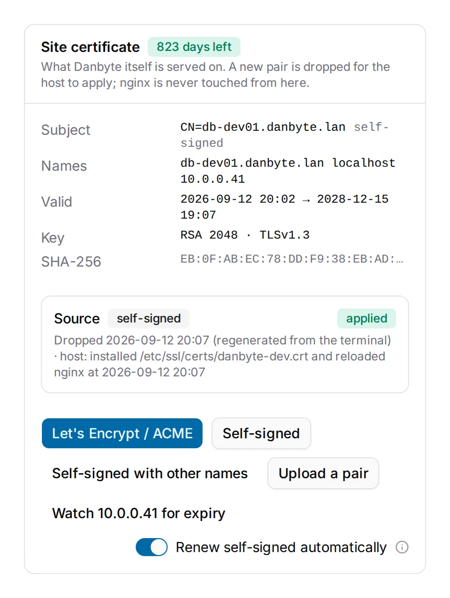 The Site certificate card: what port 443 serves, 823 days left, the Source box reading self-signed and applied with what the host did, and the four actions.