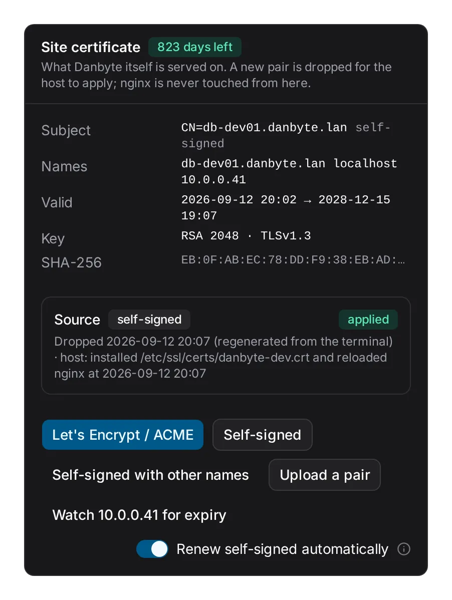 The Site certificate card: what port 443 serves, 823 days left, the Source box reading self-signed and applied with what the host did, and the four actions.