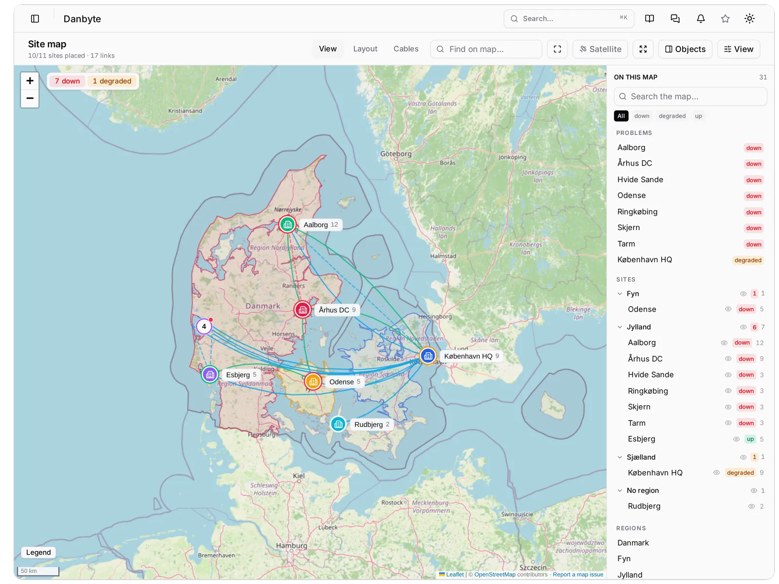 The site map with its On this map sidebar: sites grouped by region, each group header and site row with an eye to hide it.