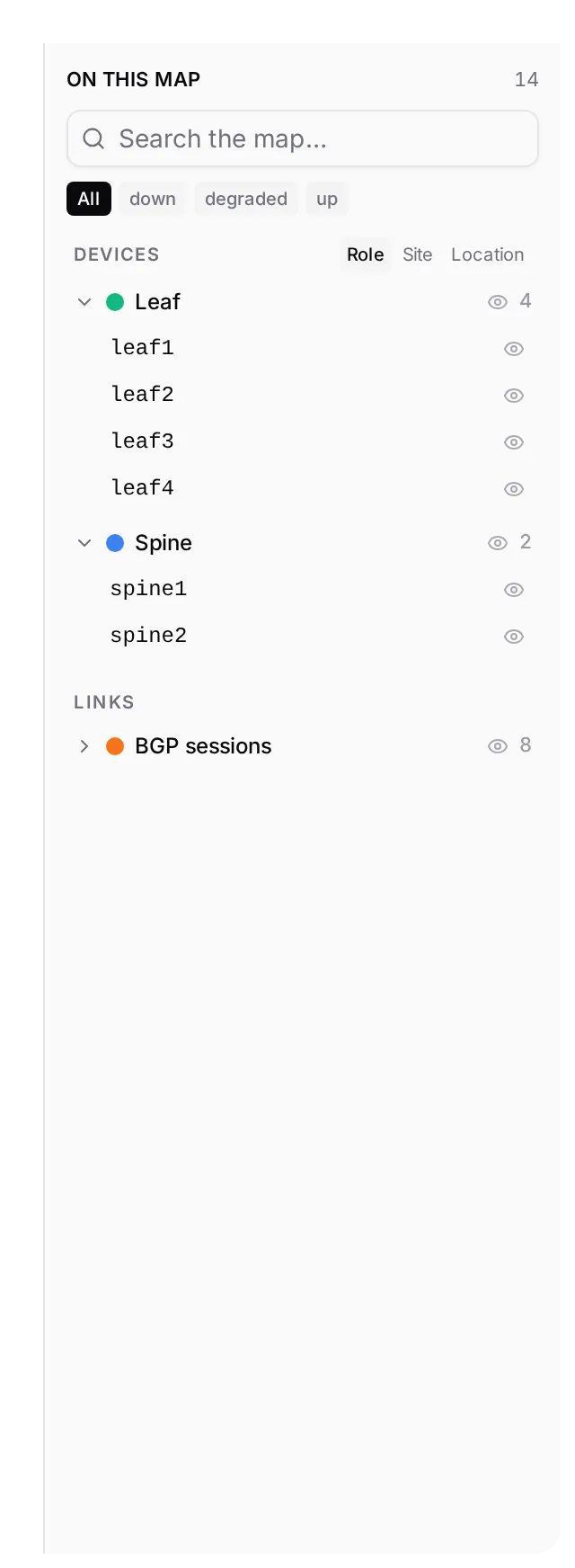 The On this map panel on the fabric: Leaf 4 and Spine 2 under Devices by role, BGP sessions 8 under Links, each with an eye.