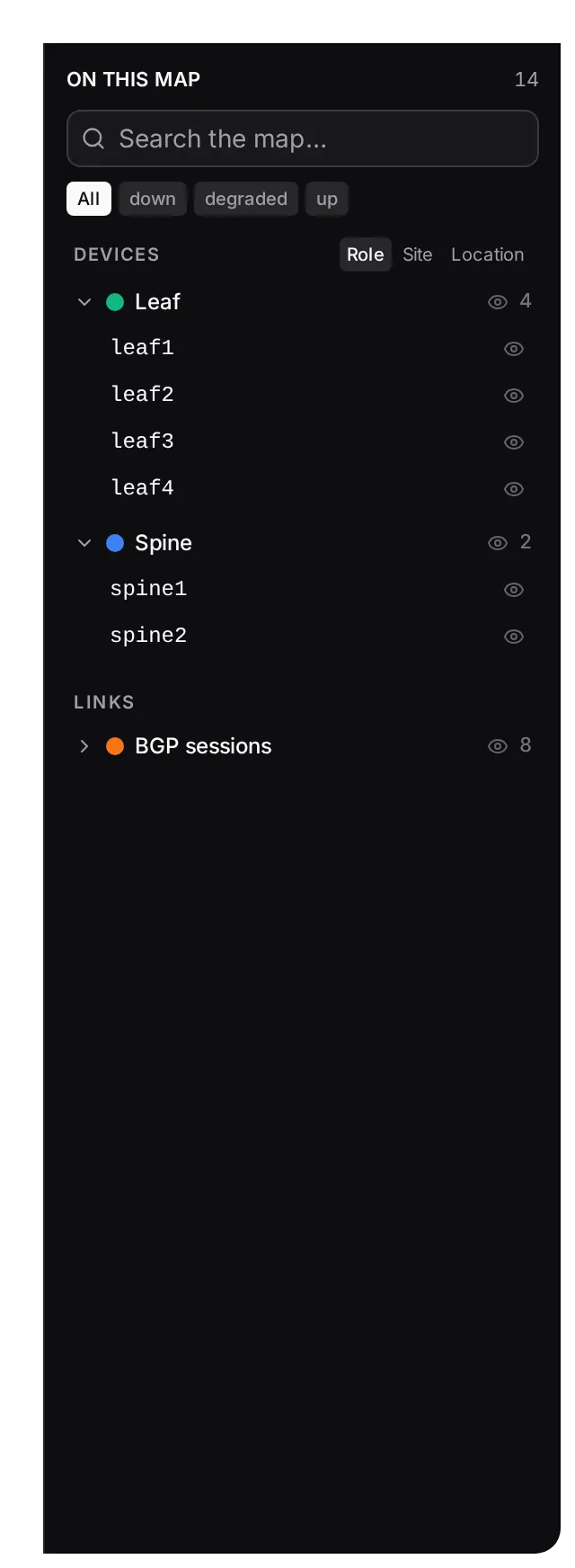 The On this map panel on the fabric: Leaf 4 and Spine 2 under Devices by role, BGP sessions 8 under Links, each with an eye.