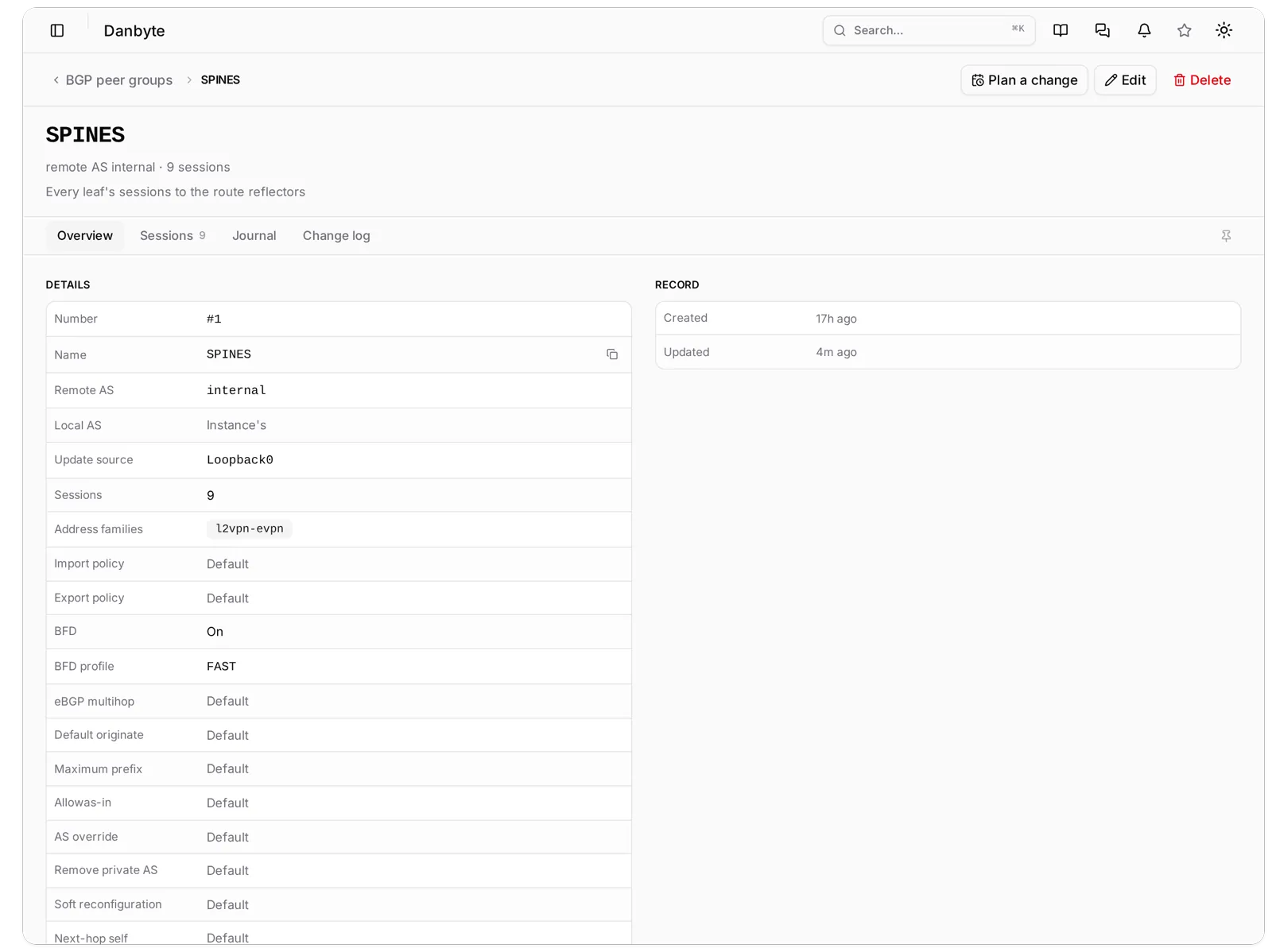 The peer group SPINES: remote AS internal, l2vpn-evpn, BFD on with FAST, send-community both, and a Sessions tab with the eight sessions that inherit from it.