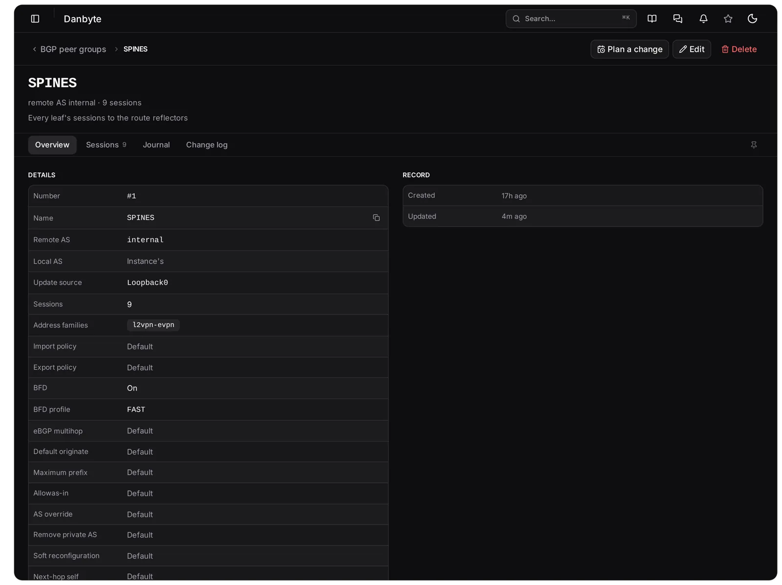 The peer group SPINES: remote AS internal, l2vpn-evpn, BFD on with FAST, send-community both, and a Sessions tab with the eight sessions that inherit from it.