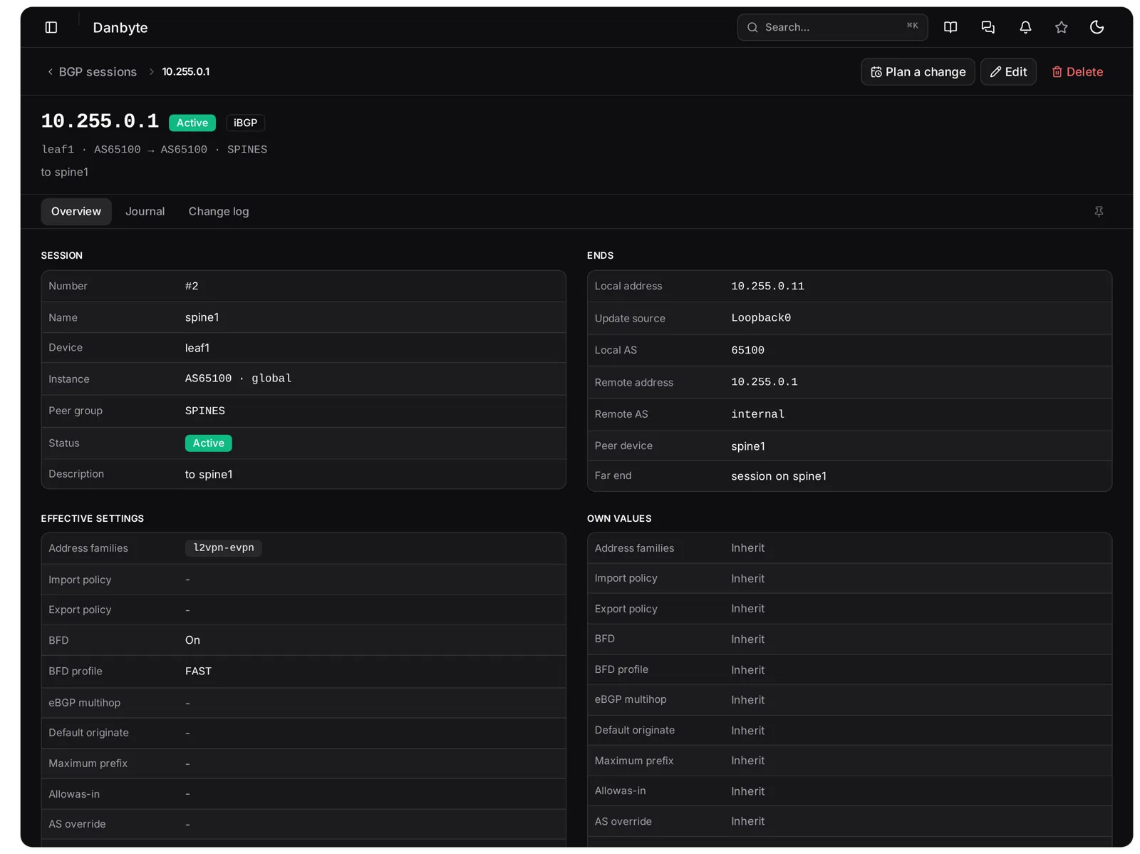 The session leaf1 to spine1: Session and Ends on top, then Effective settings (l2vpn-evpn, BFD on with the FAST profile) beside Own values, where every row reads Inherit.