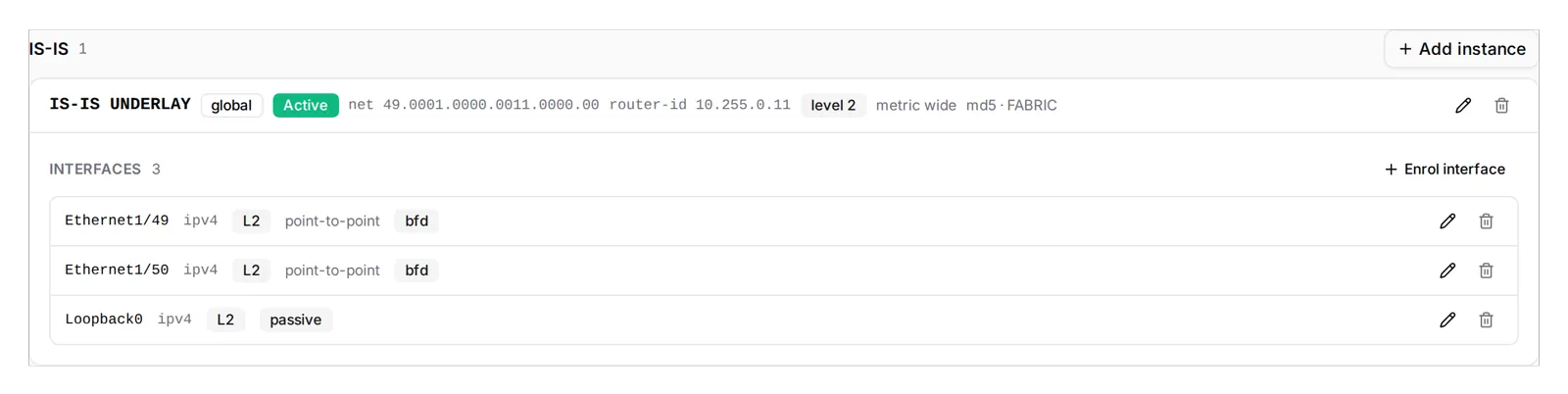 leaf1's IS-IS section: the instance UNDERLAY with its NET, level 2, wide metrics and BFD FAST, and the enrolled interfaces, Ethernet1/49 and 1/50 point-to-point, Loopback0 passive.