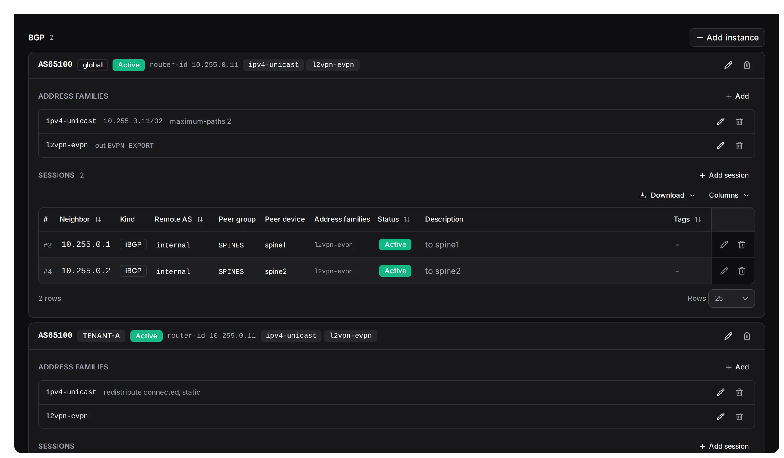 Everything one box forwards with, on one tab: its BGP instance and sessions, its IGP, its overlay and its static routes.