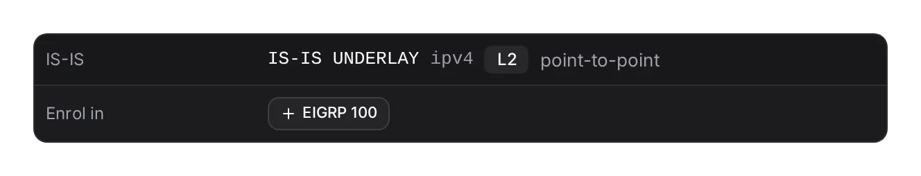 What one interface takes part in: its IGP, its cost and timers, and the sessions that run over it.
