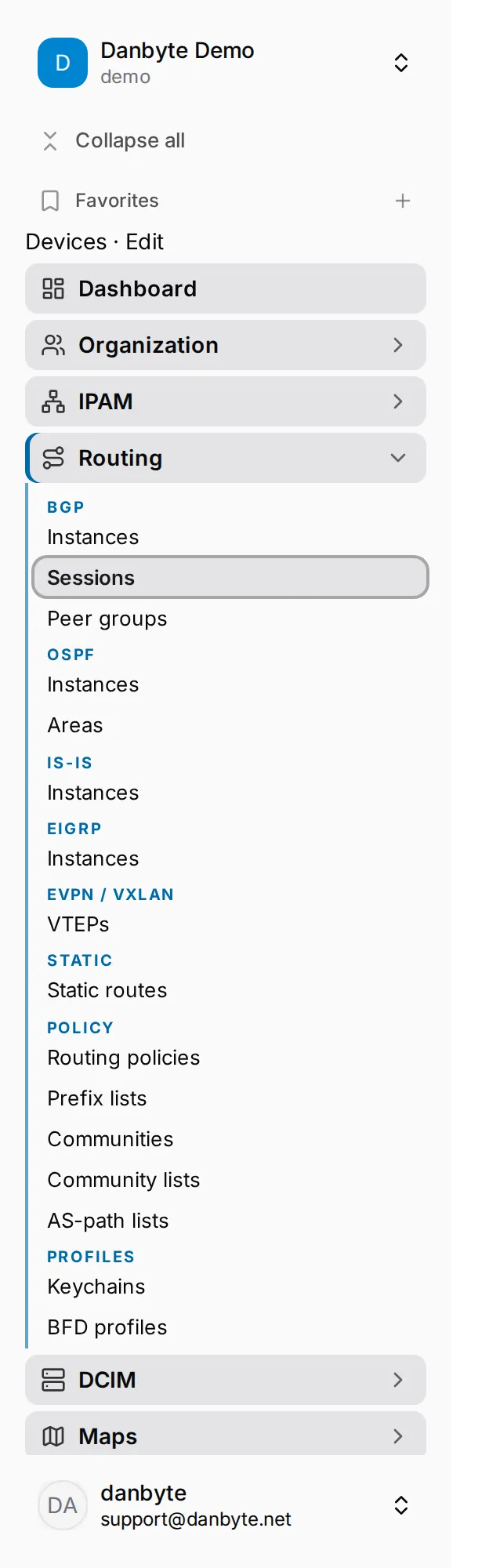 The sidebar with Routing open: BGP, OSPF, IS-IS, EIGRP, EVPN / VXLAN, Static, Policy and Profiles.