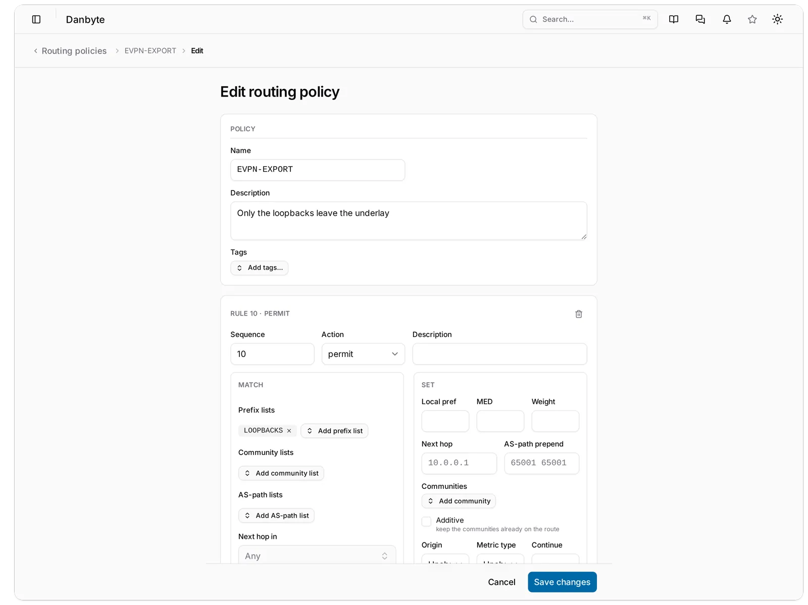 The rules editor on a routing policy: one row per rule with sequence, action, the match pickers and the set fields.