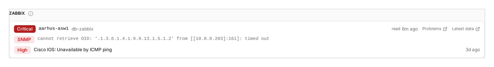 The Zabbix card on a broken host: the mapped severity, Zabbix's exact SNMP error, the open problem, and links to Problems and Latest data in Zabbix.