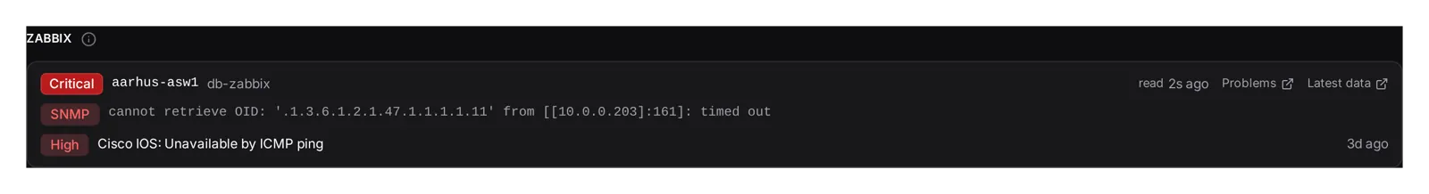 The Zabbix card on a broken host: the mapped severity, Zabbix's exact SNMP error, the open problem, and links to Problems and Latest data in Zabbix.