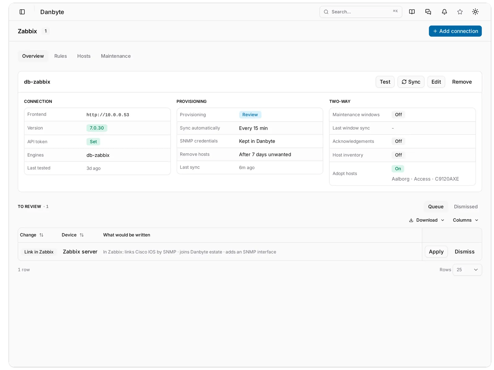 The Zabbix page in Review mode: the db-zabbix connection card, and under it one proposal, Link in Zabbix for the device Zabbix server, spelled out as links Cisco IOS by SNMP, joins Danbyte estate, adds an SNMP interface, with Apply and Dismiss.