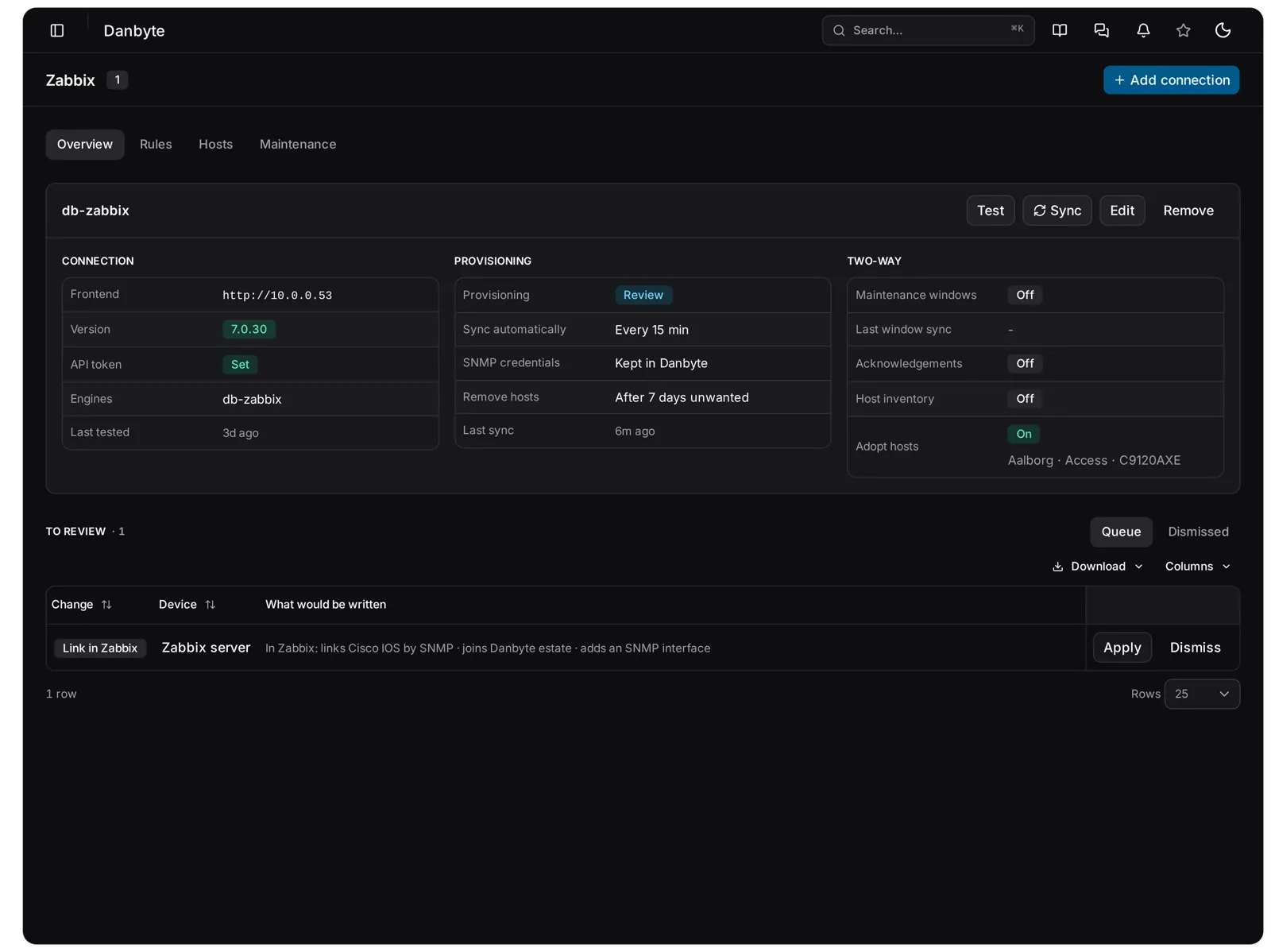The Zabbix page in Review mode: the db-zabbix connection card, and under it one proposal, Link in Zabbix for the device Zabbix server, spelled out as links Cisco IOS by SNMP, joins Danbyte estate, adds an SNMP interface, with Apply and Dismiss.
