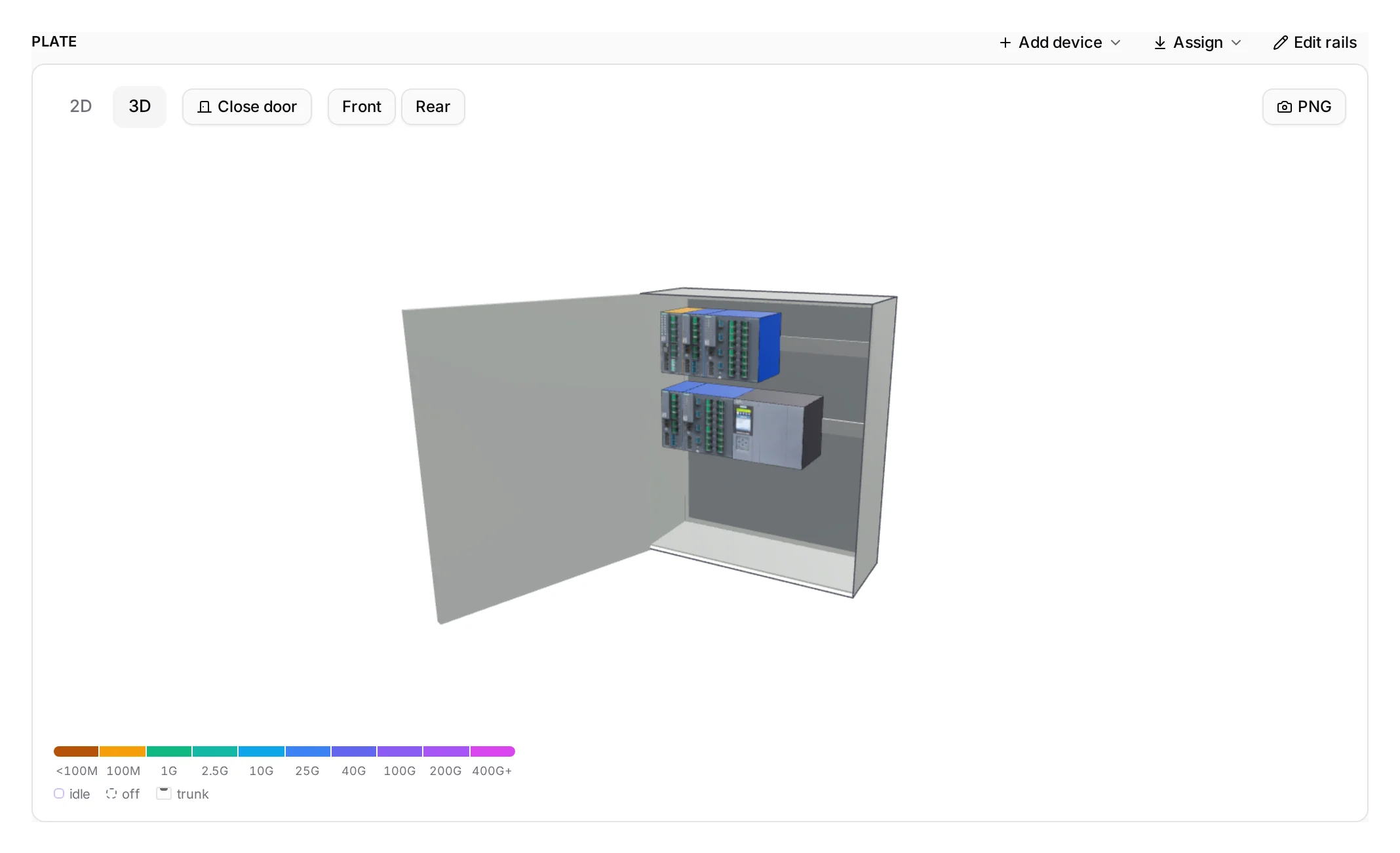 A cabinet in 3D with the door open: the mounting plate, two rails, six devices with their photos and marked ports.
