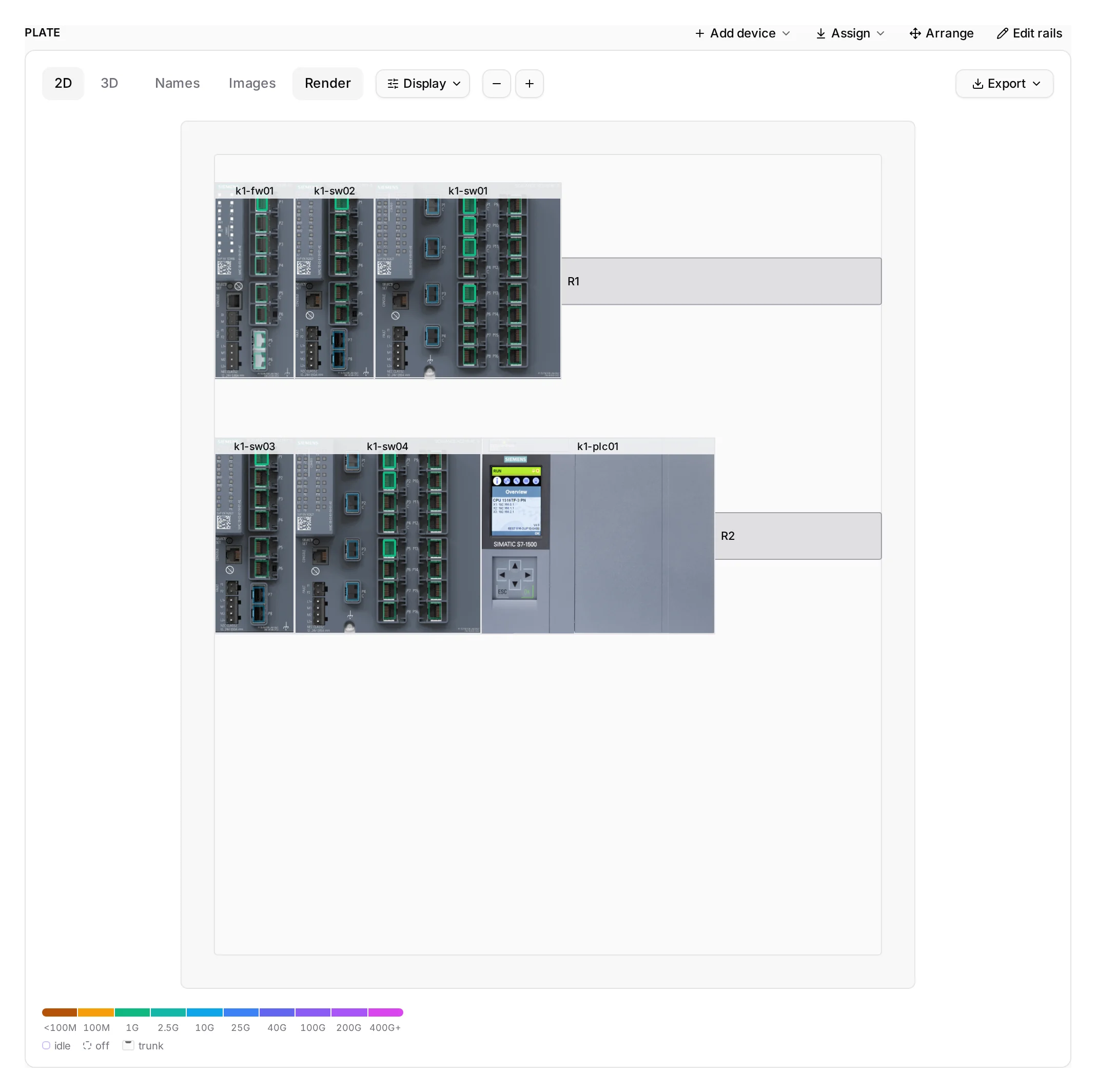 The same plate in Render, cabled ports in their speed colour.