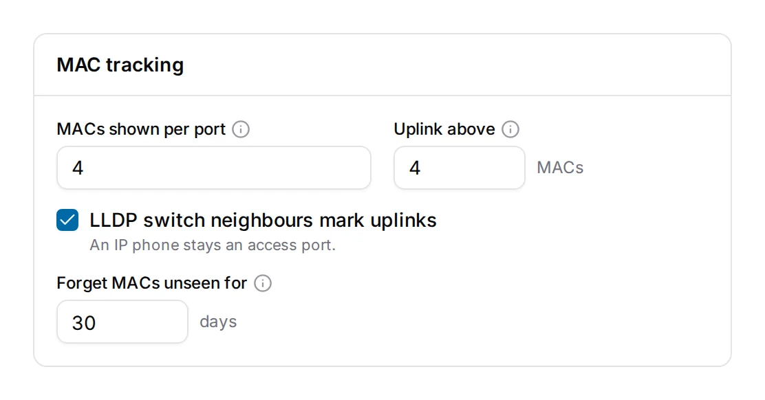 The MAC tracking card: how many to show per port, the uplink threshold, LLDP neighbours, and how long to remember a MAC that has gone quiet.
