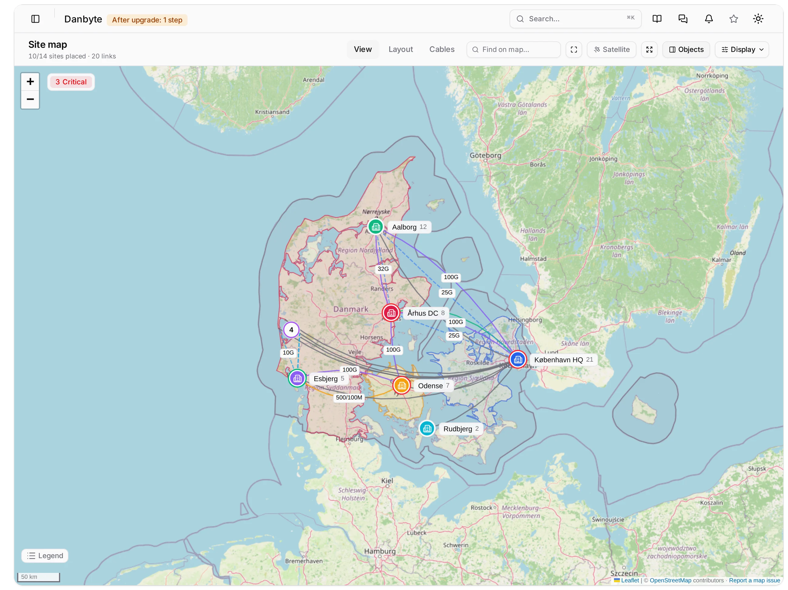 Denmark by link speed: the figure on the line, and the legend for the tiers.