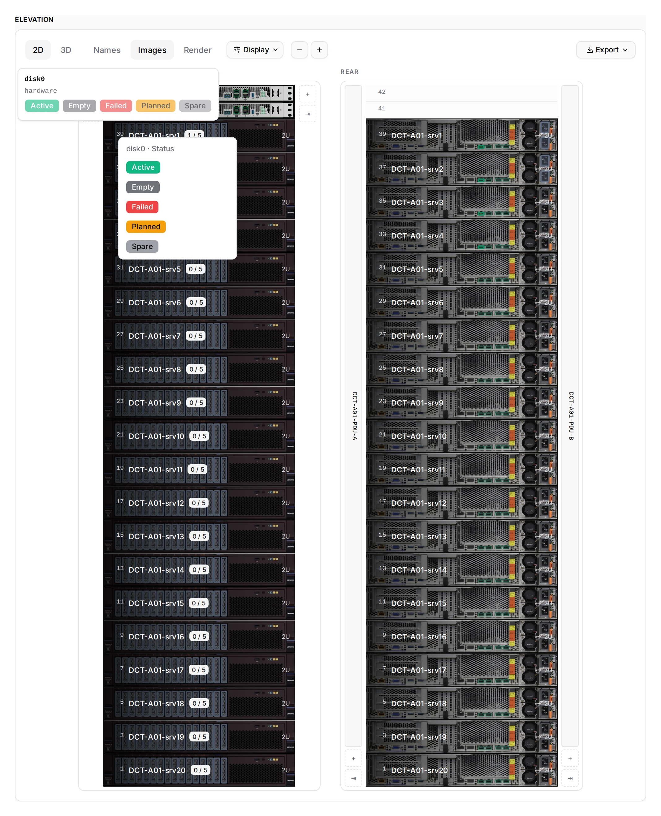 Right-clicking a disk bay: the part, and its status as a menu of pills.