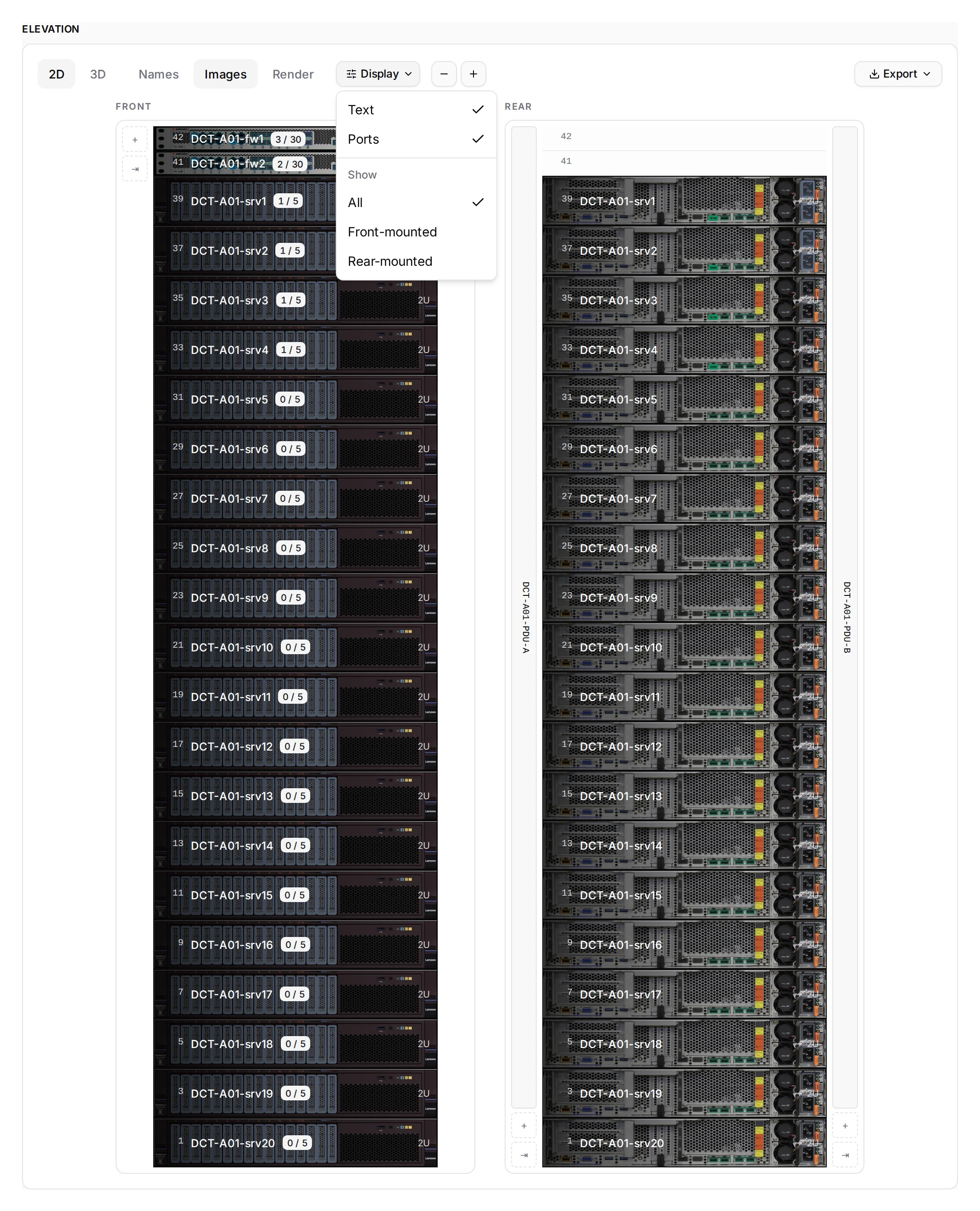 Display over the elevation: names over photos, ports, and on racks whether to show everything or only what is mounted front or rear.