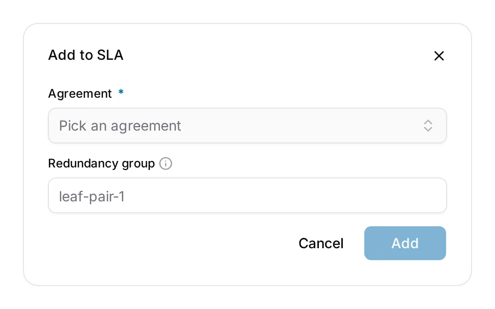 Add to SLA, from the object or from the device list's selection bar for many at once, with the redundancy group to put it in.