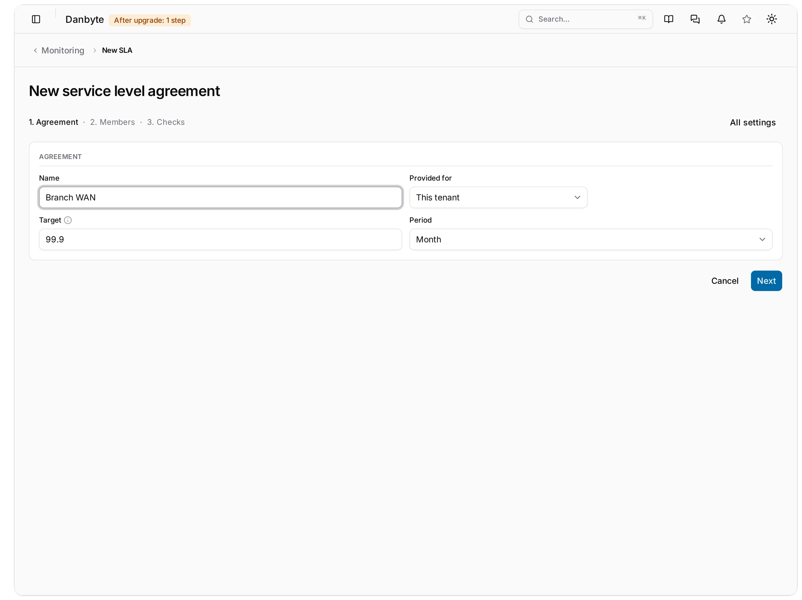 Step one: name, who it is provided for, the target and the period. All settings opens the full form.