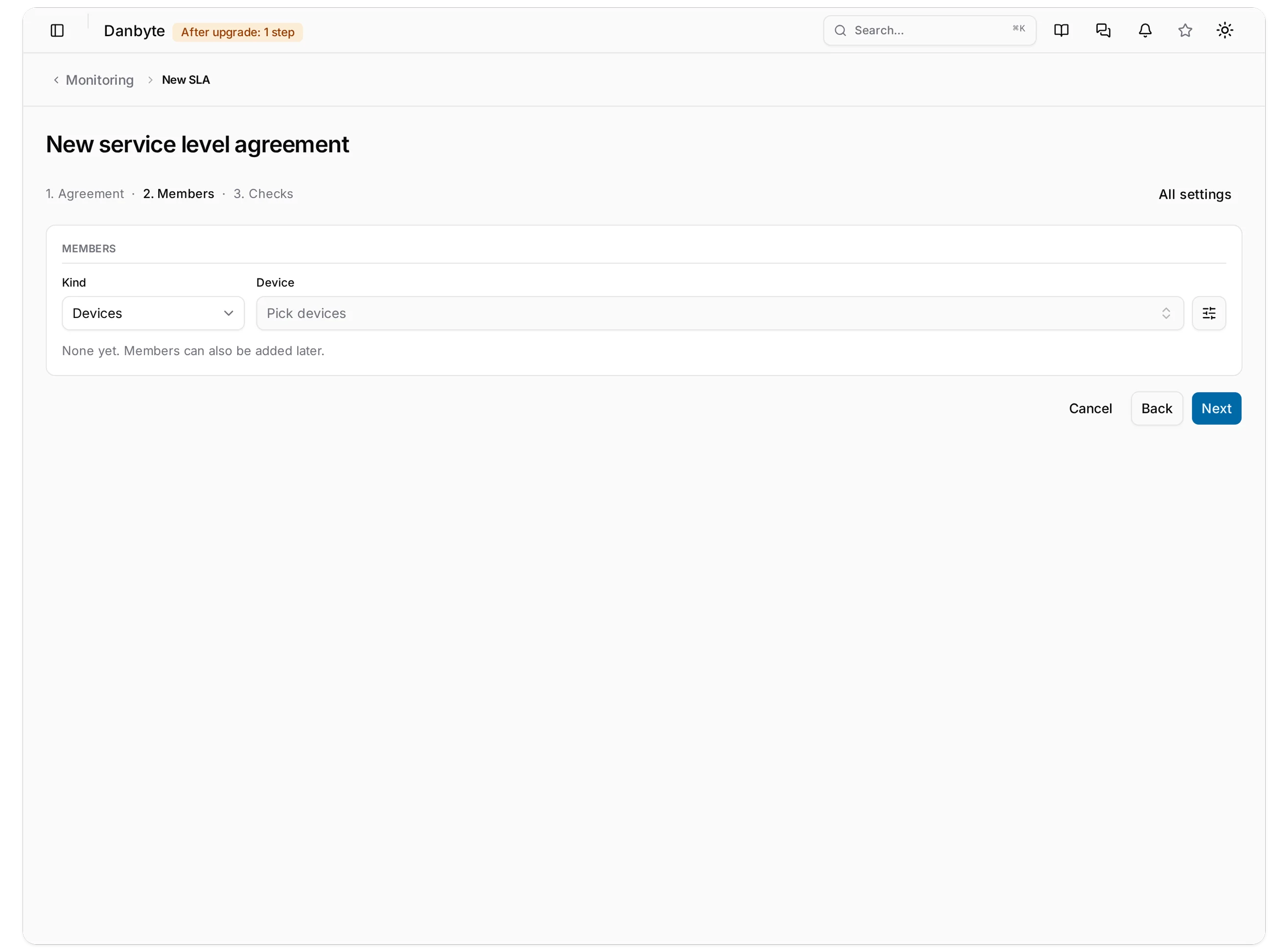 Step two: the members. Devices, chassis, roles, types, VMs, addresses, prefixes or circuits, several at once, and more can be added later.