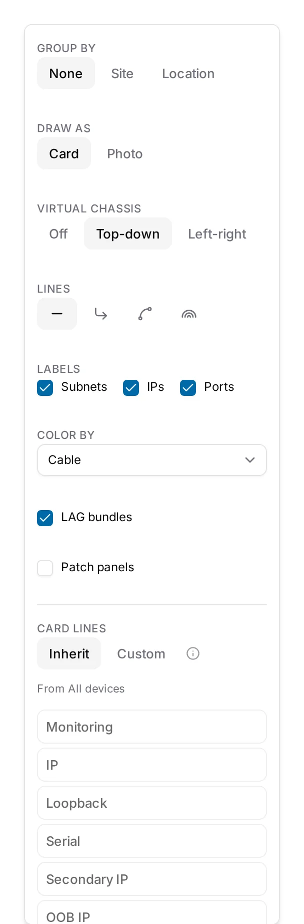 Display: group by, draw as card or photo, virtual chassis, the four line shapes, labels, colour by, LAG bundles, patch panels and card lines.