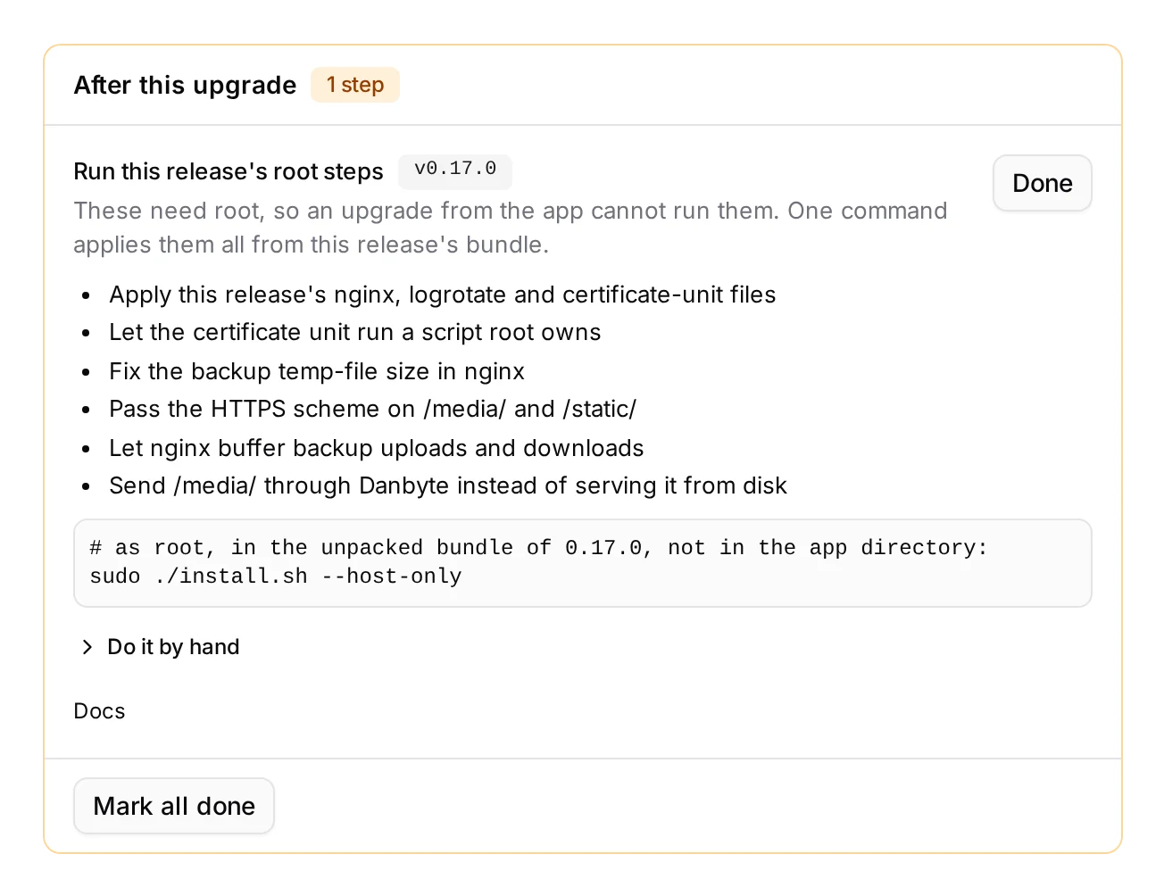 After this upgrade: one card, one command, and the list of what it covers. Do it by hand opens each step's own snippet; Mark all done closes it.