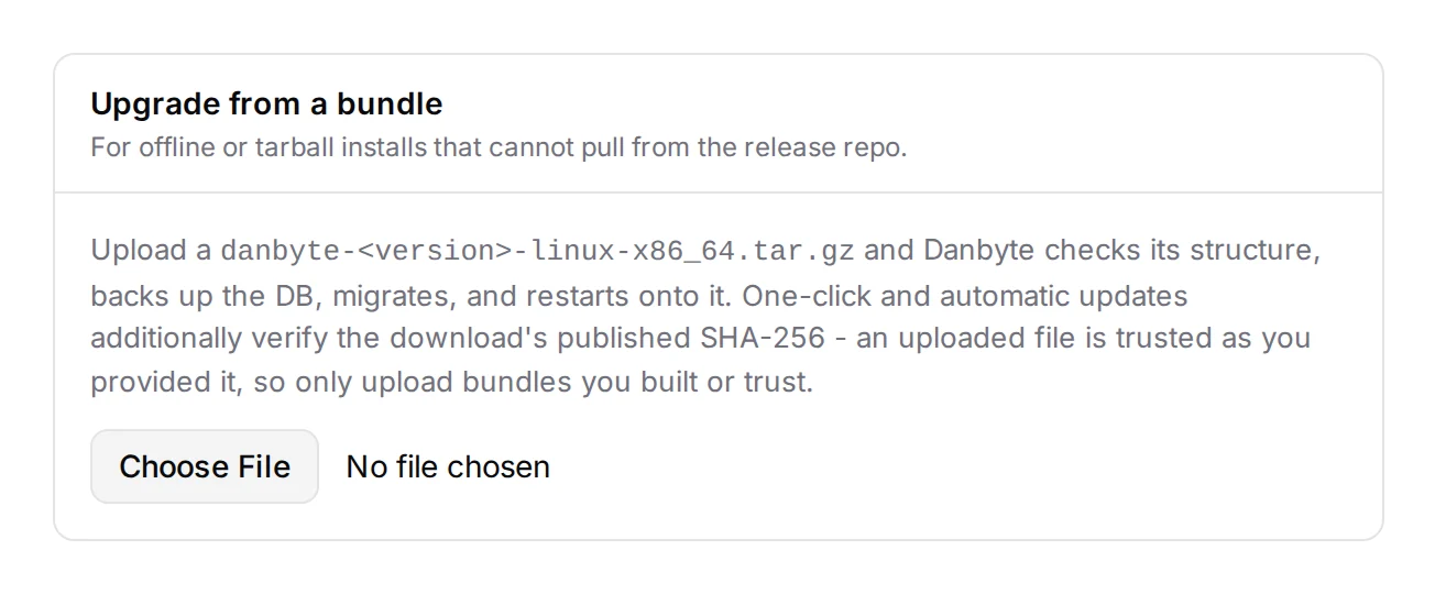 Upgrade from a bundle: uploaded, checked, backed up, migrated, restarted.