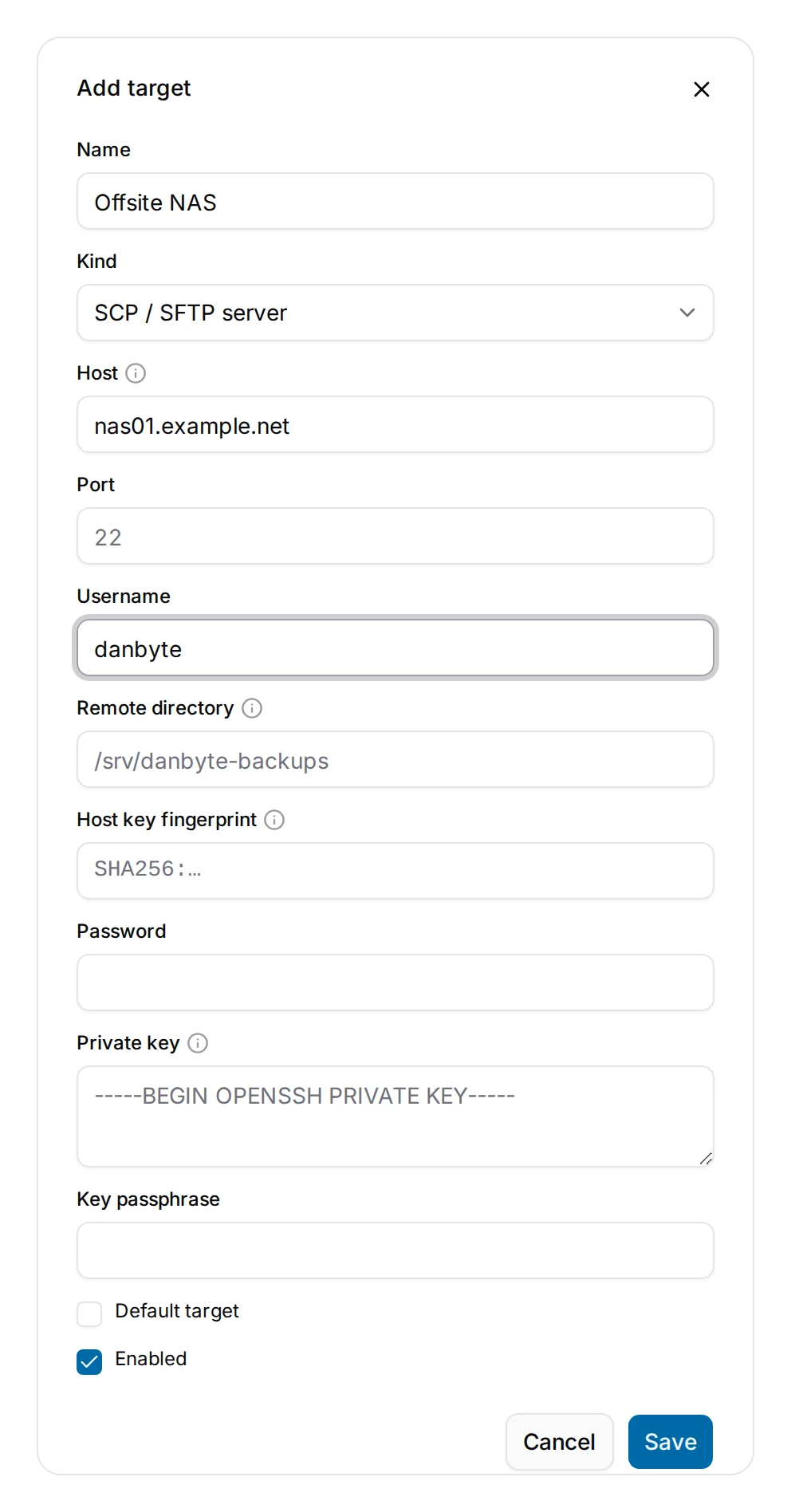 Adding an SFTP target.