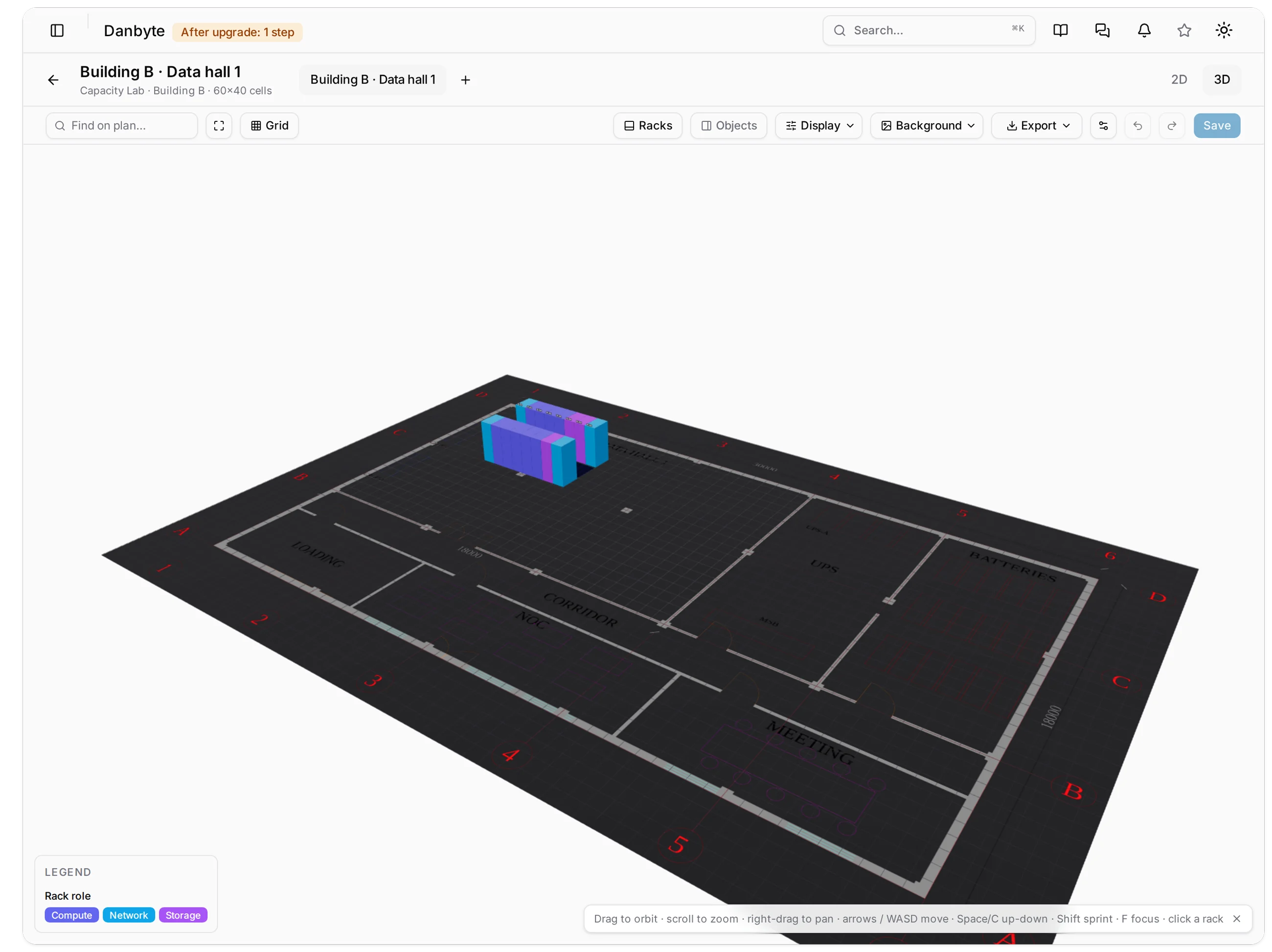 The 3D room: the drawing on the floor, the sixteen racks standing in the data hall in their role colours.
