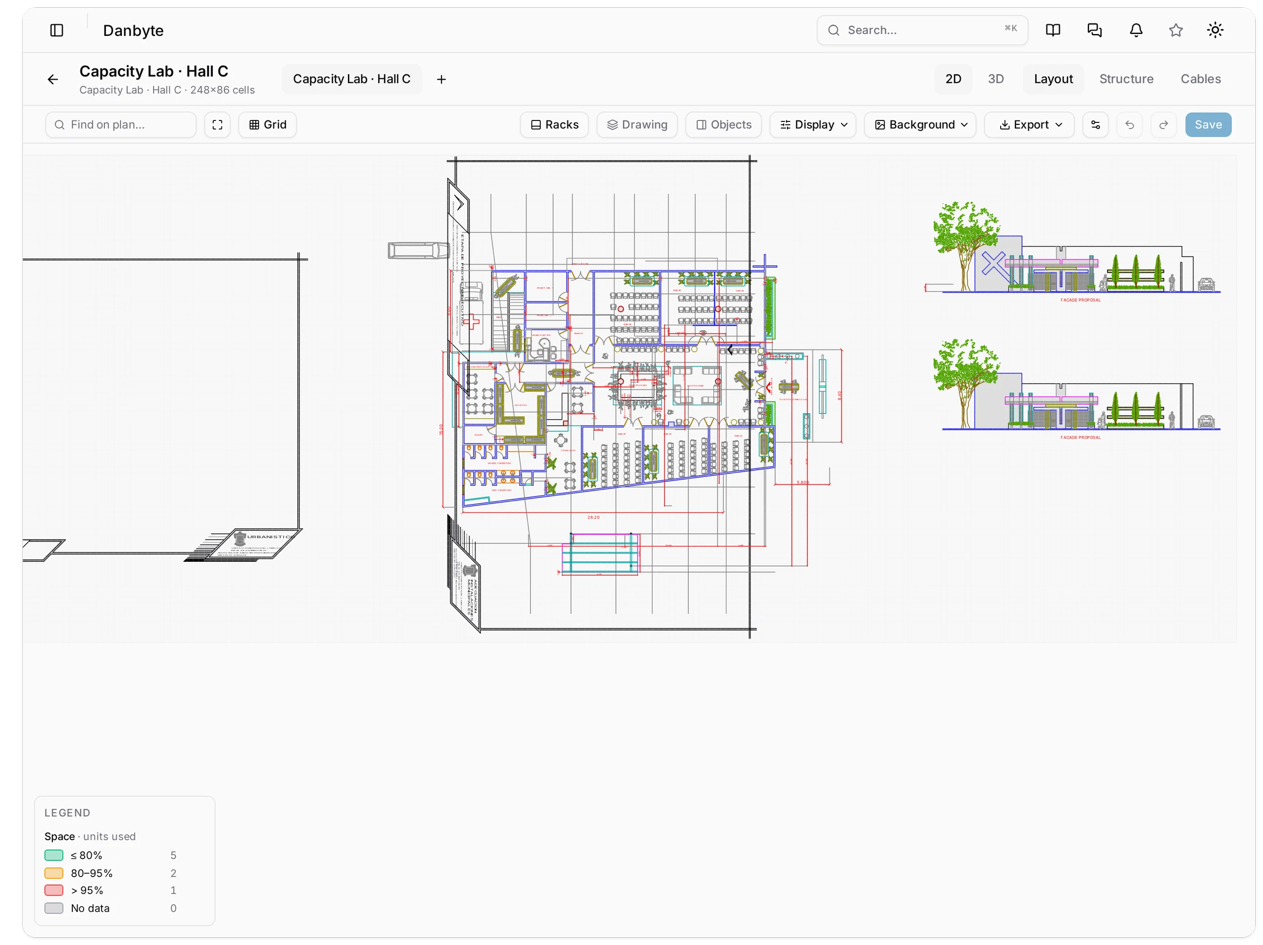 An architect's DWG converted on the server: walls, doors, furniture, landscaping and elevations, drawn in the file's own colours.