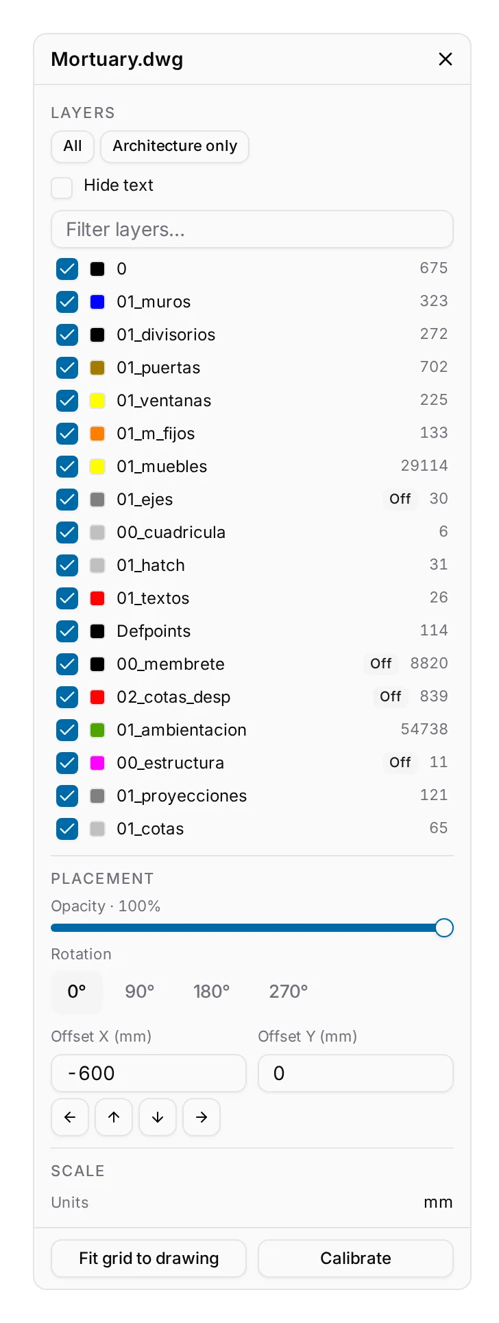 The panel for a real DWG: nineteen layers with the architect's own Spanish names, one of them 29,114 shapes, four marked Off in the file.
