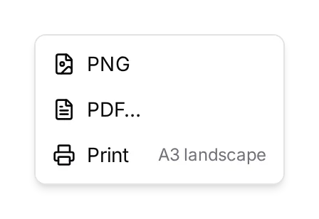 Export: PNG, PDF and Print, with the paper size.
