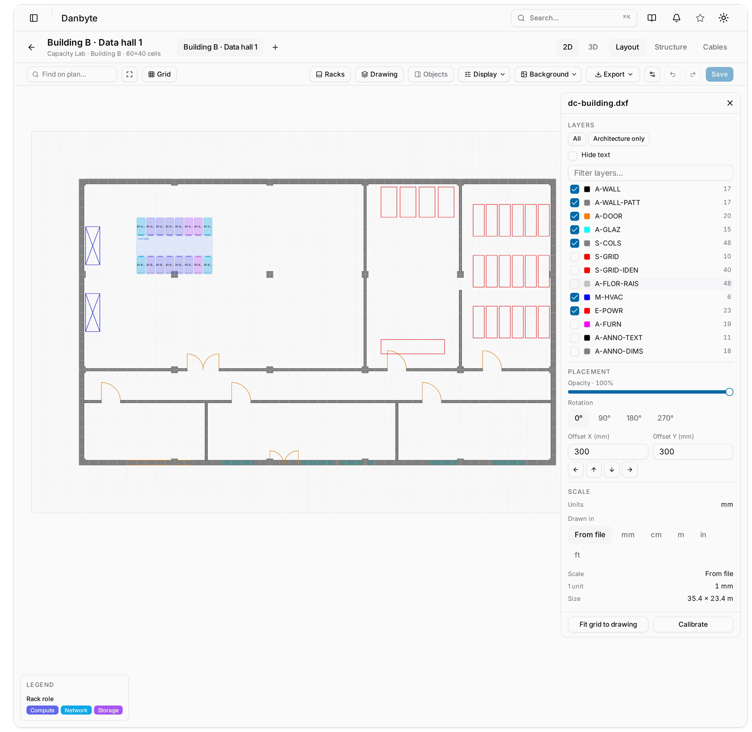 The same plan with the grid bubbles, furniture, raised floor, room names and dimensions unticked: walls, doors, columns, CRAC, UPS and racks only.