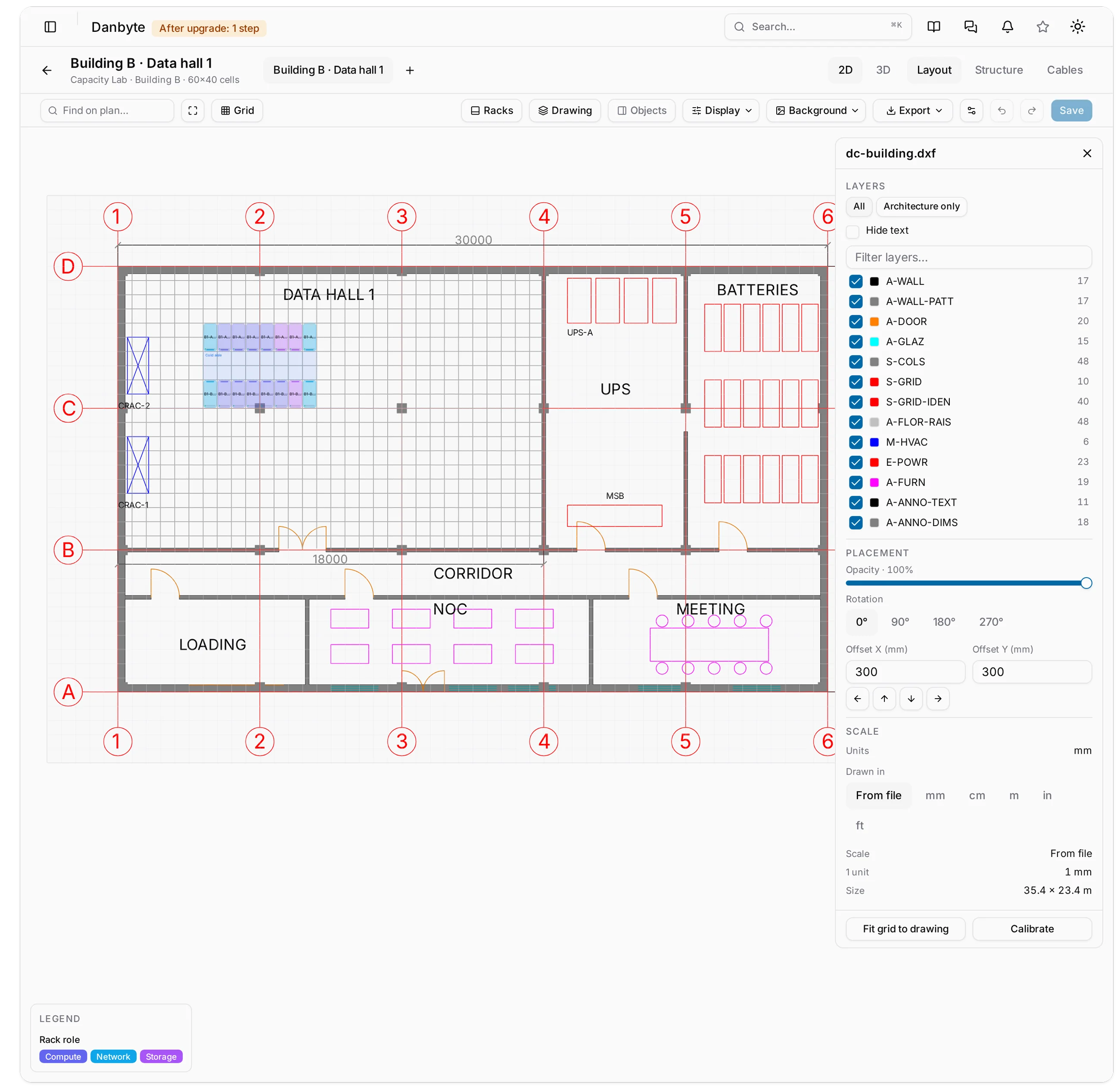 The Drawing panel on the sample DXF: thirteen layers with colour swatches and shape counts, placement with opacity, rotation and offset, and the scale with its source.