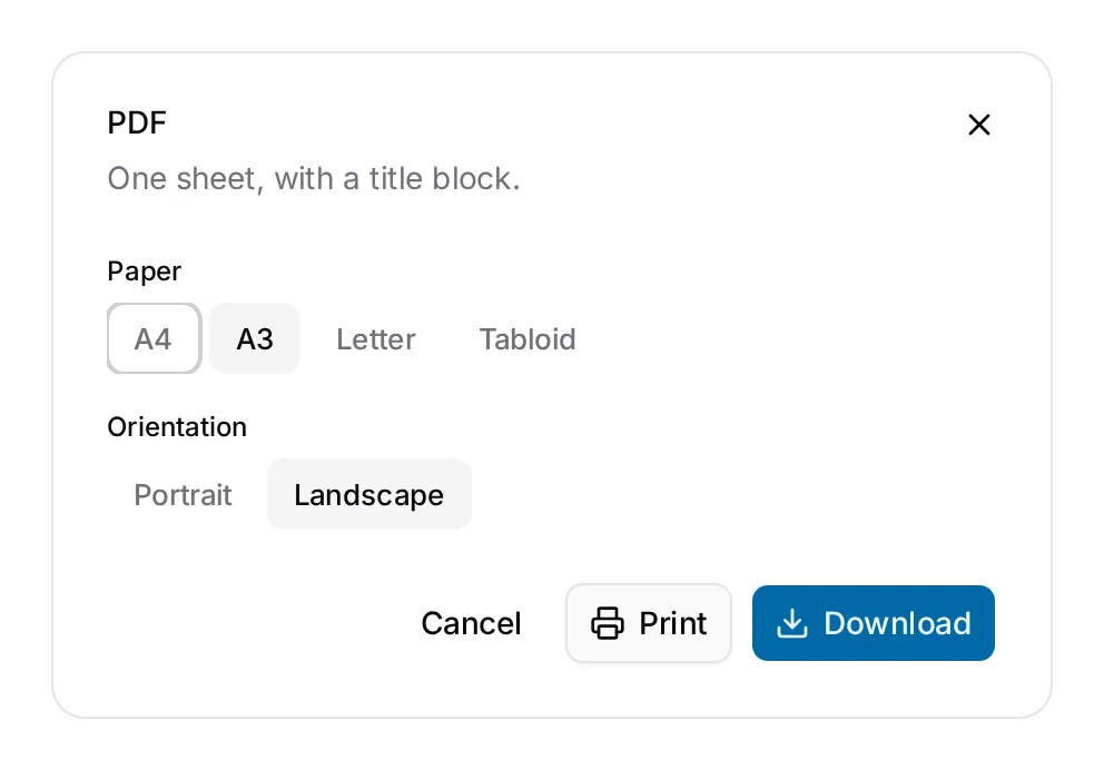 The PDF dialog: one sheet with a title block, A4 to Tabloid, portrait or landscape.
