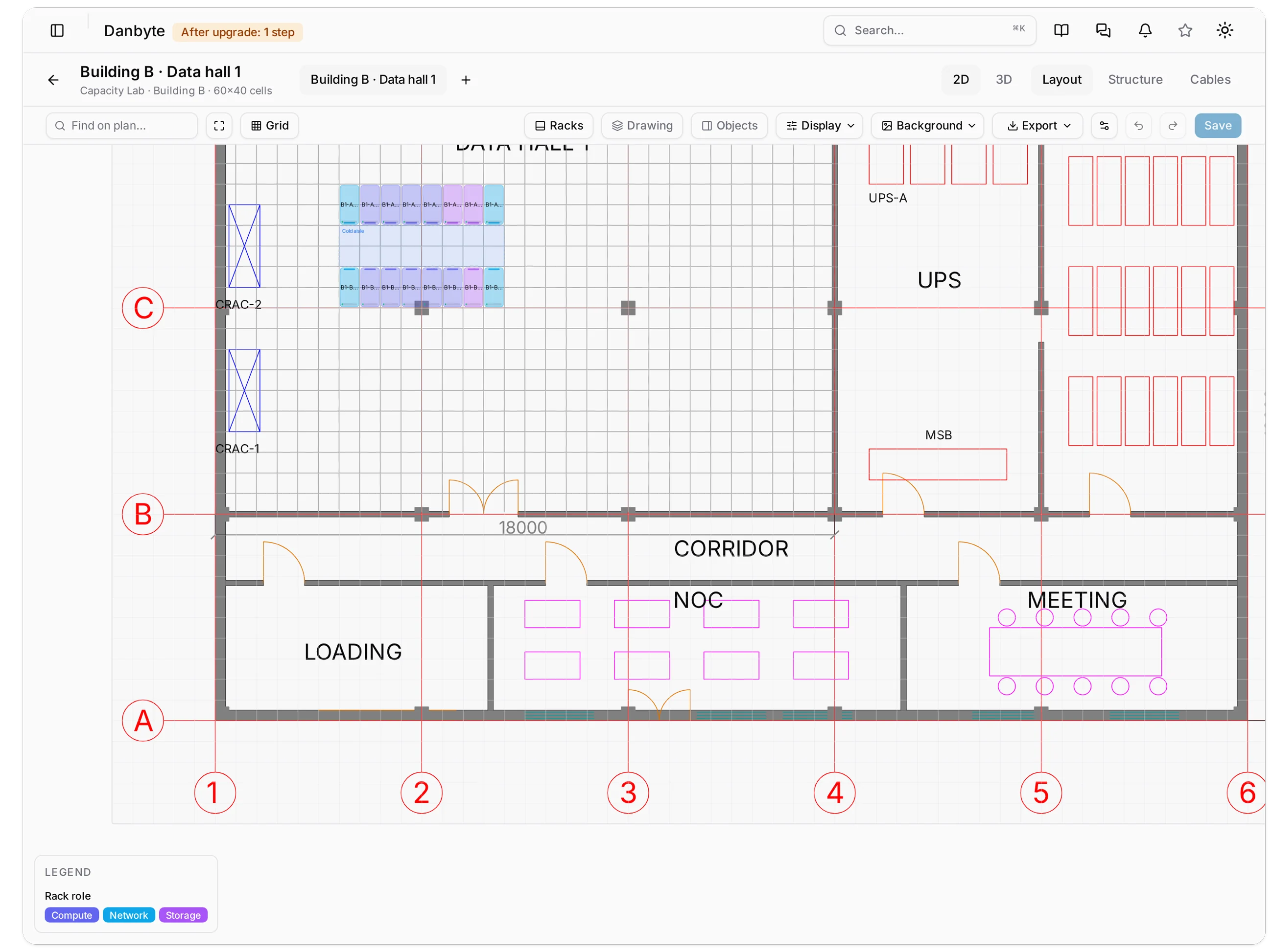 The same plan zoomed to the data hall: the two rack rows land exactly on the drawing's 600 mm raised-floor tiles.