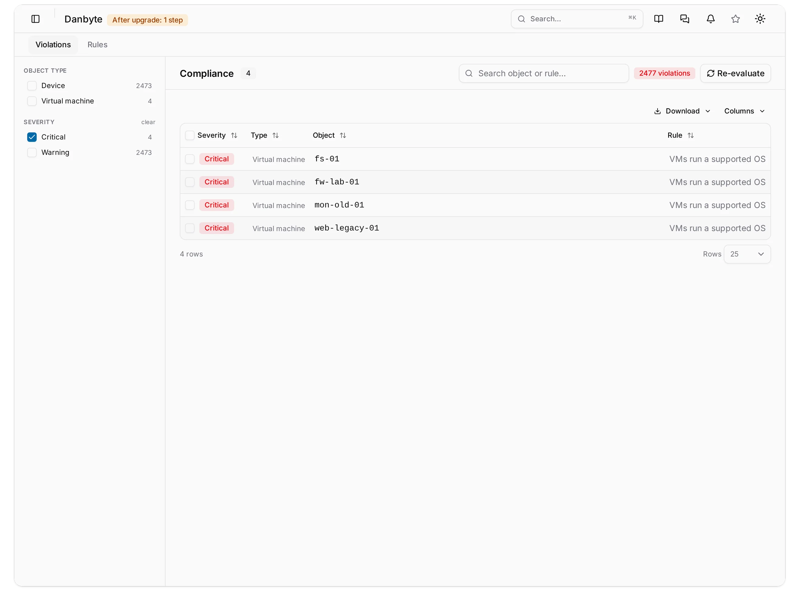 Compliance filtered to critical: four VMs failing a rule that says VMs run a supported OS.