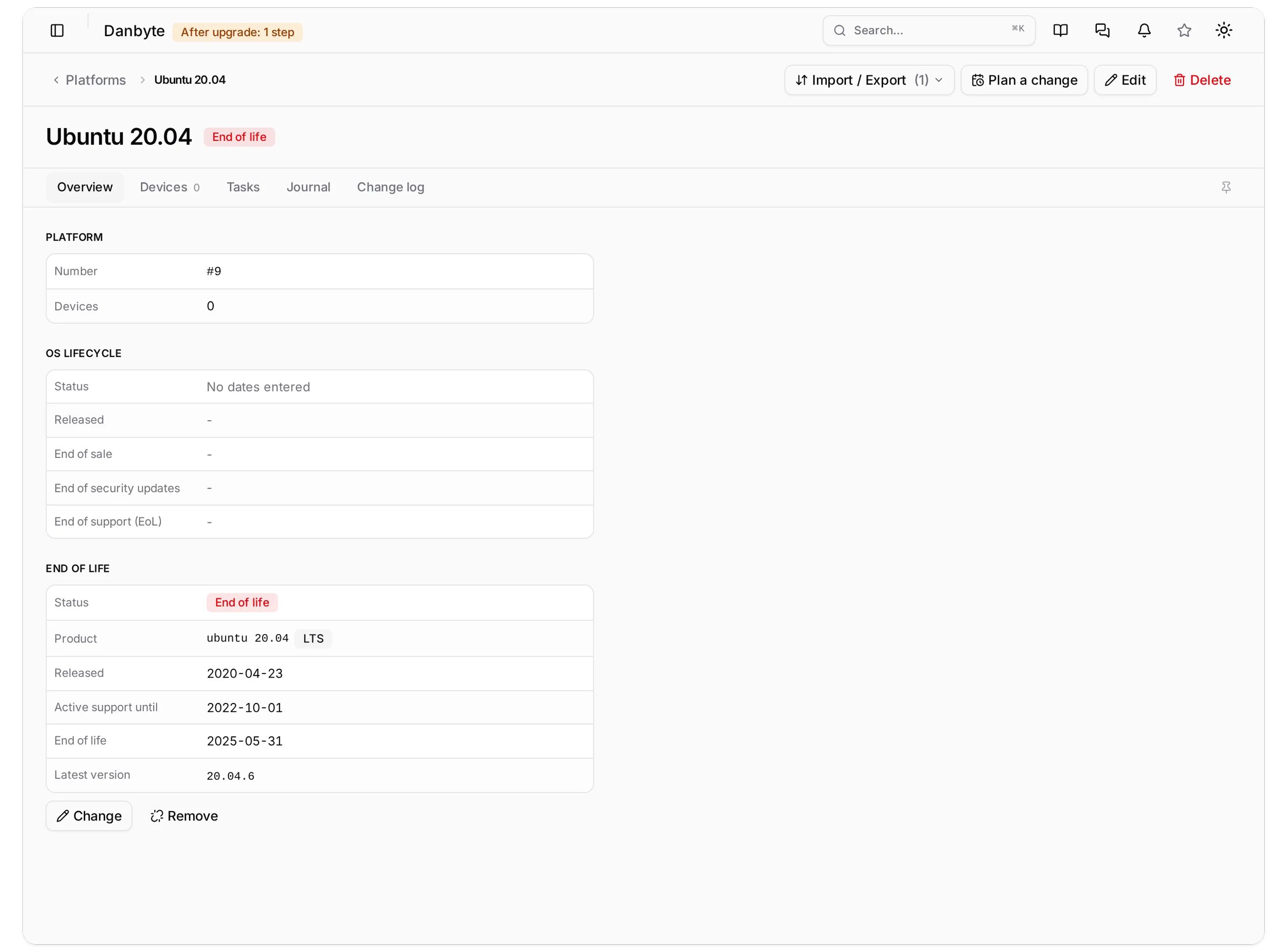 A platform mapped to its endoflife.date cycle: released, active support until, end of life and the latest version, beside the manual lifecycle card.