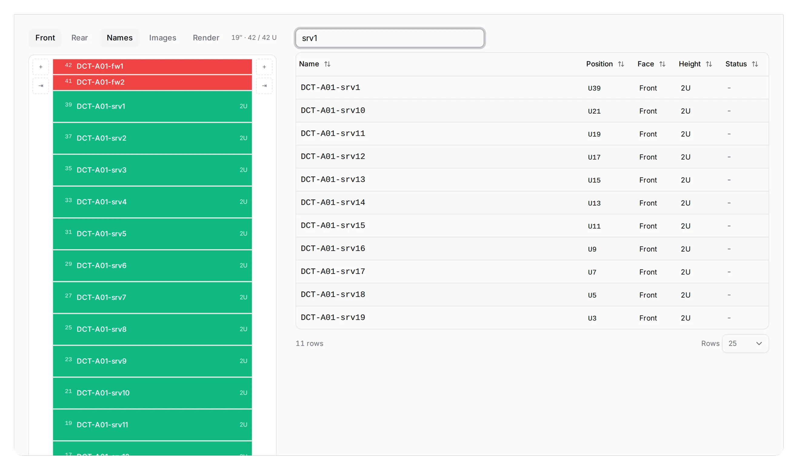A rack's Devices tab with a search term typed: eleven of twenty-two rows, beside the rack.