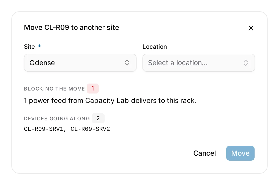 A move refused: one power feed from the old site still delivers to this rack.