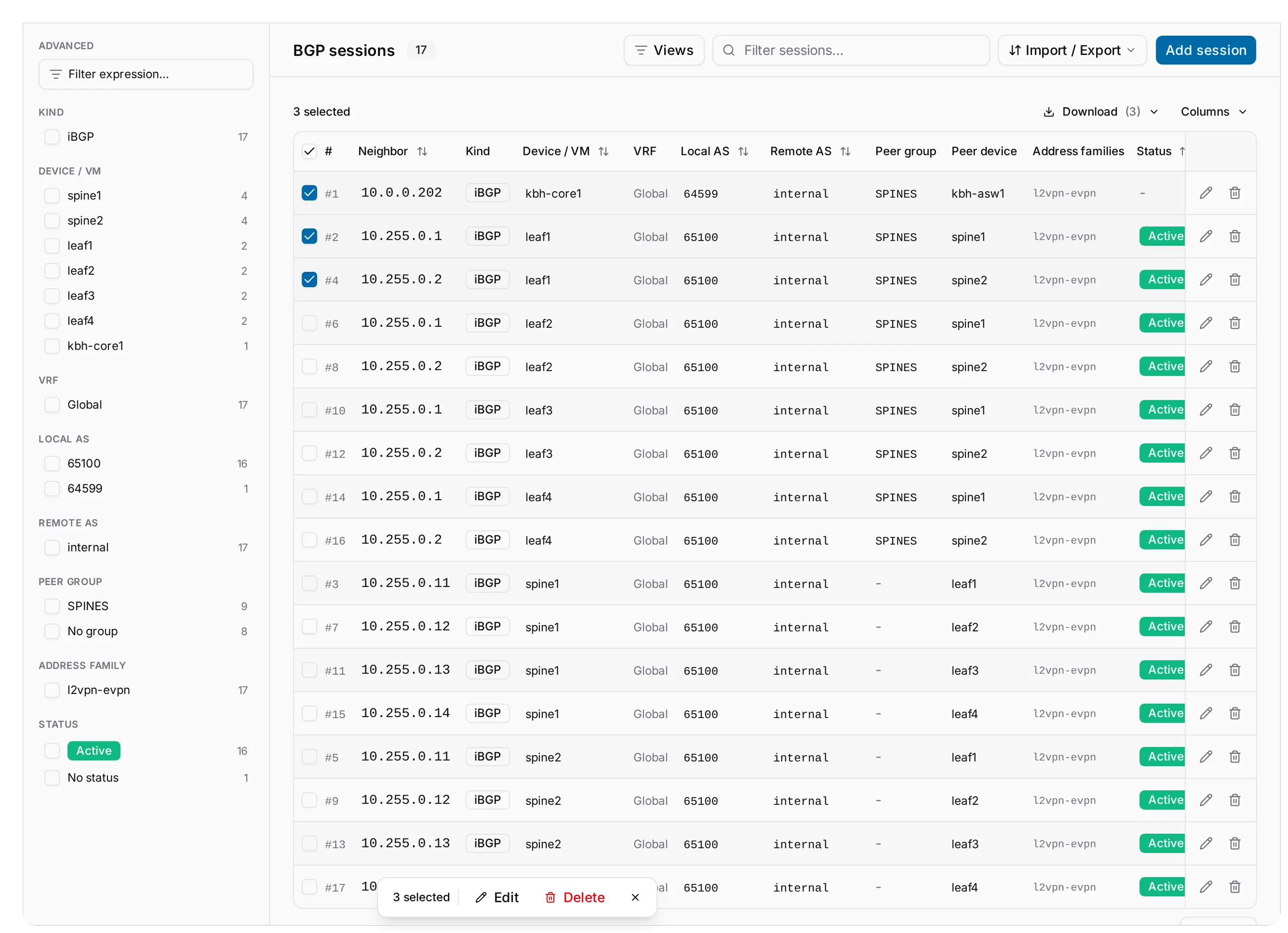 BGP sessions with three rows ticked and the floating bar.